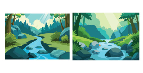 Serene gently flowing stream winding through a lush green forest vector art design