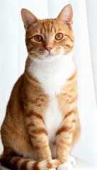 Obraz premium Close-up portrait of a ginger tabby cat with white markings against a soft white background.