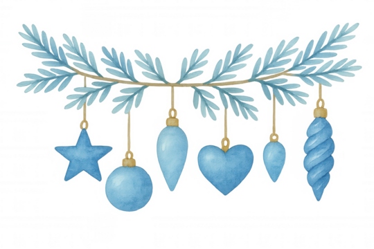 Blue watercolor christmas garland with pine branches and hanging festive ornaments on transparent background
