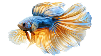 Obraz premium A photorealistic betta fish in motion, long flowing fins in metallic blue and gold, isolated against a white background. png