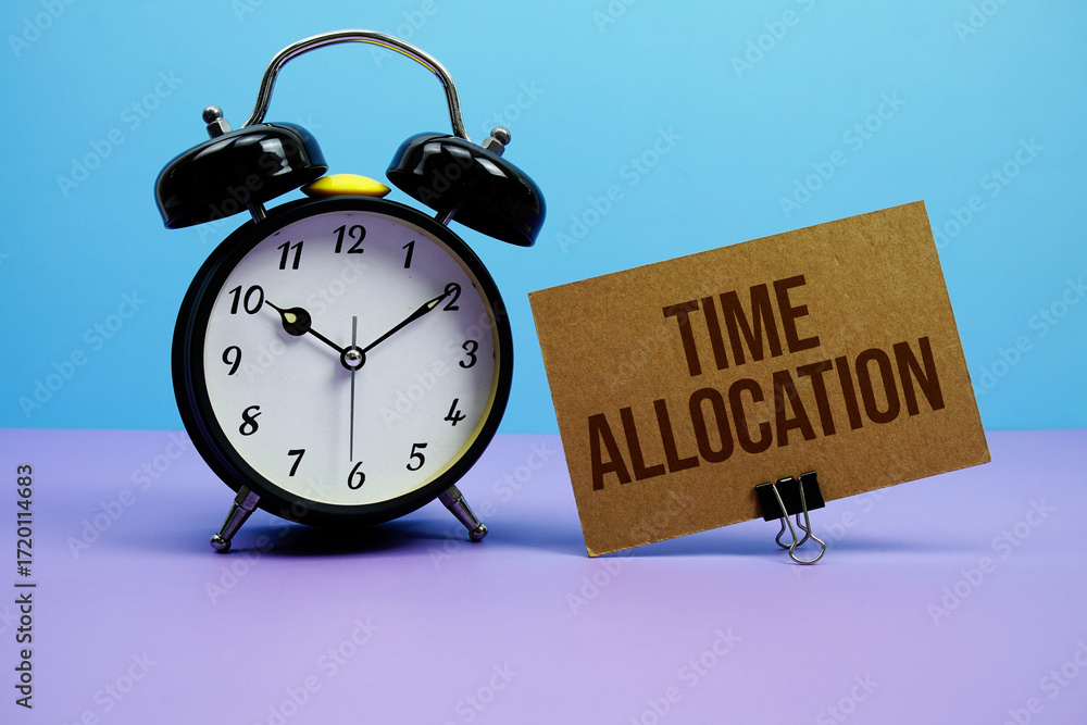 Poster time allocation text with alarm clock on blue and purple background