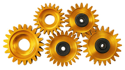 Golden gears interlocking arrangement on transparent png background