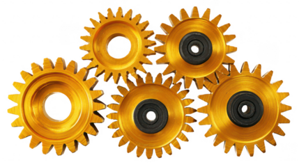 Golden gears interlocking arrangement on transparent png background