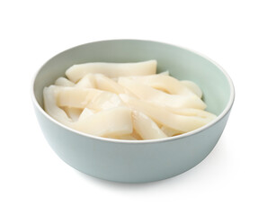 Uncooked squid rings in bowl isolated on white