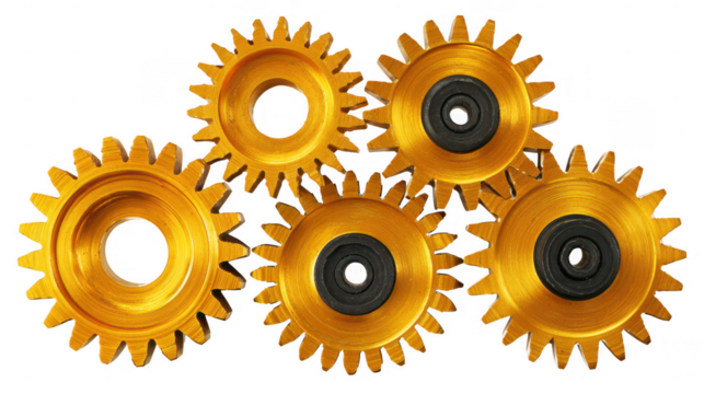 Golden gears interlocking arrangement on transparent png background