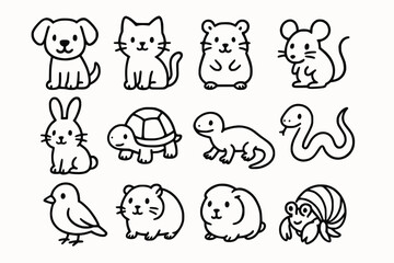 Fototapeta premium Cute Pet Icon Set in Minimal Black Line Art Style with Playful Cartoon Illustrations