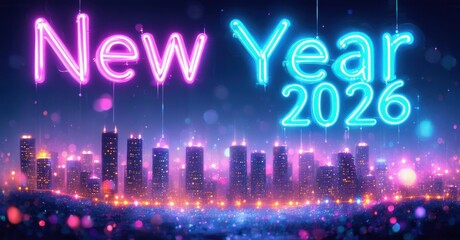 Neon sign displays New Year 2026 above vibrant city skyline. Lights sparkle, creating festive atmosphere. Celebratory image.
