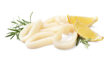 Uncooked squid rings with lemon slices and rosemary isolated on white