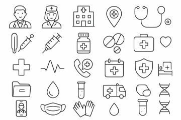 Fototapeta premium Minimal Healthcare and Medicine Icon Set in Flat Line Style on White Background