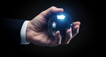 A person holding a dark crystal ball with a bright light shining through it on a dark background