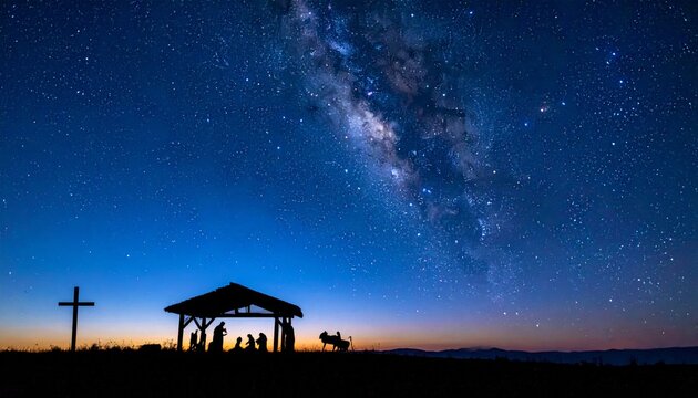 Serene nativity scene silhouette under starry sky with Milky Way, evoking sense of wonder and peace