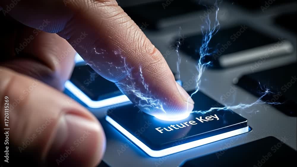 Poster finger pressing futuristic glowing key - close-up shot of a finger pressing a glowing 