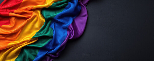 Vibrant rainbow pride flag draped on dark background
