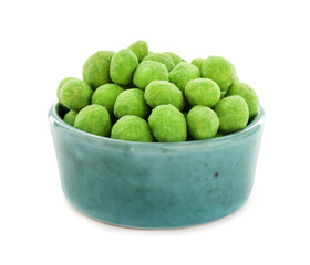 Wasabi coated peanuts in bowl isolated on white