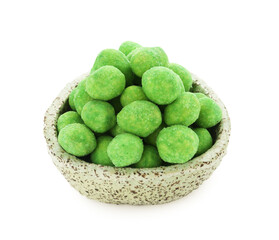 Wasabi coated peanuts in bowl isolated on white