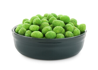 Wasabi coated peanuts in bowl isolated on white
