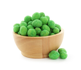 Wasabi coated peanuts in bowl isolated on white