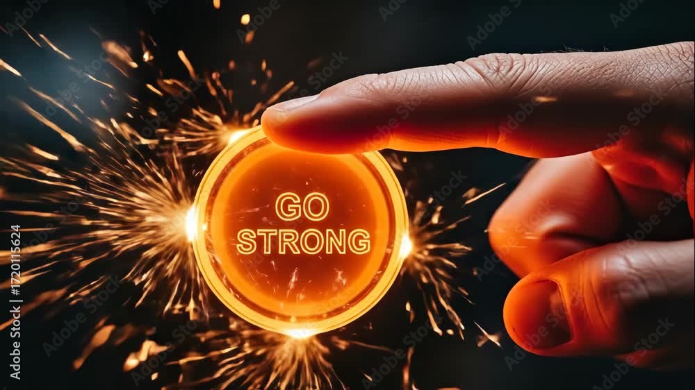 Poster hand pressing glowing go strong button - a close-up shot of a hand pressing a glowing orange button 