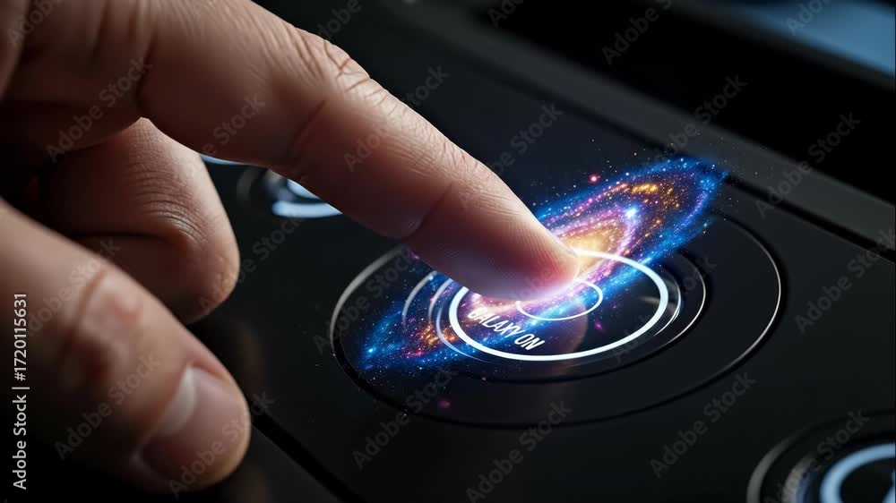 Poster finger pressing galaxy on button - a close-up shot of a finger activating a futuristic button with a