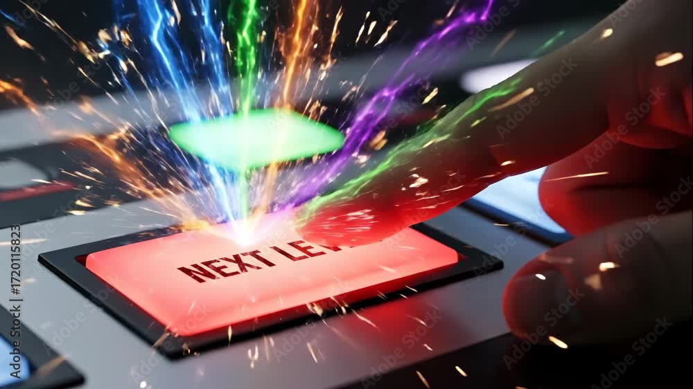 Poster hand pressing next level button with energy burst - a close-up shot of a finger pressing a glowing r