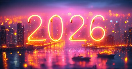 Bright cityscape reflects vibrant neon numbers, 2026. Water shimmers with colorful light, creating festive mood. Futuristic design dominates scene.