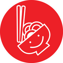 White line art illustration of a smiling bowl of noodles with chopsticks, set against a solid red circular background.