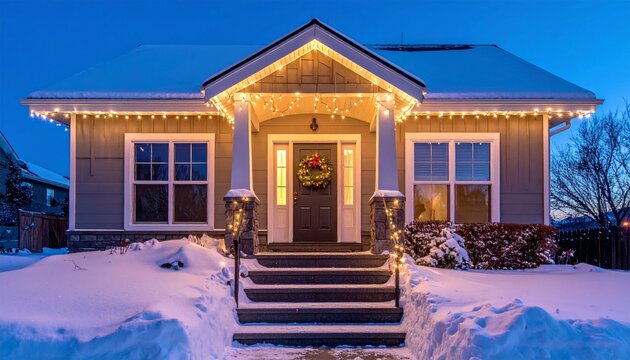 Cozy house with festive lights and wreath on door, surrounded by snow during twilight