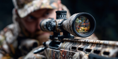 Obraz premium Hunter aiming rifle scope revealing underwater aquarium concept