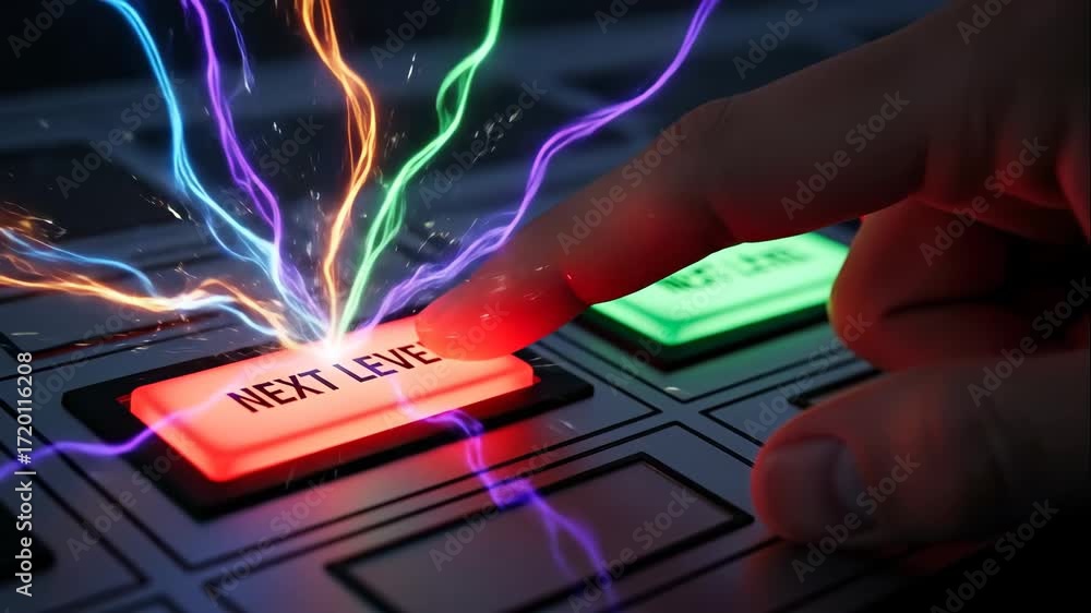 Poster hand pressing next level button with energy burst - a close-up shot of a hand pressing a glowing red