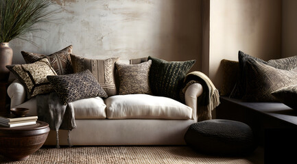 Creative interior concept. Rustic warm living room with cozy sofa couch, blanket, distressed cushion, worn ceramic pottery vase, carpet, soft lighting. Template for product presentation. Mock up