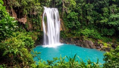 Fototapeta premium Powerful waterfall plunges into turquoise pool surrounded by lush greenery, creating serene and vibrant natural scene