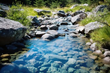 Mountain stream flowing over rocks with clear blue water image