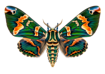 A vibrant, detailed close-up of a moth showcasing a stunning array of emerald green, orange, and blue hues on its intricately patterned wings against a stark black background.