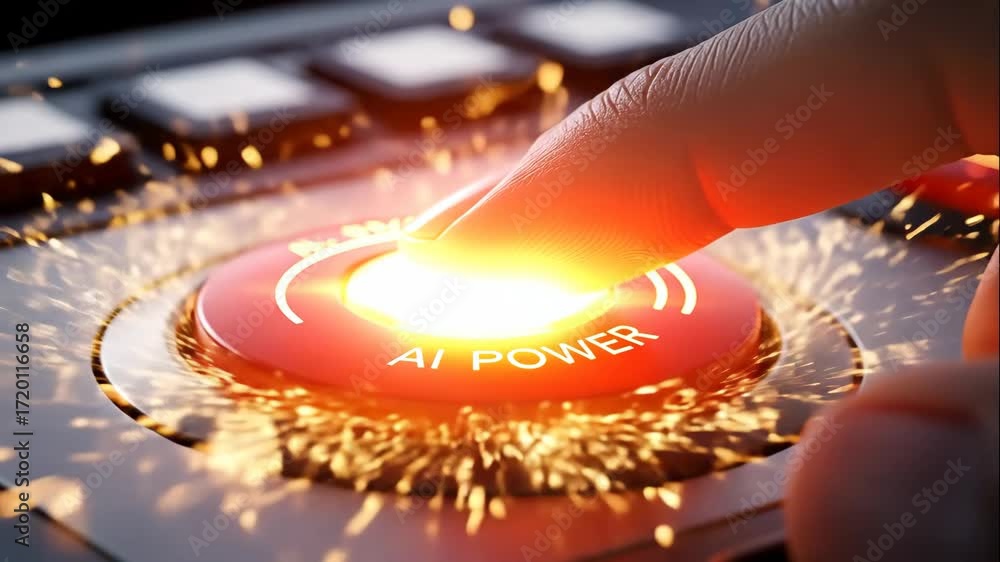 Poster ai power activation - a finger presses a glowing red ai power button, sparks flying from the activat
