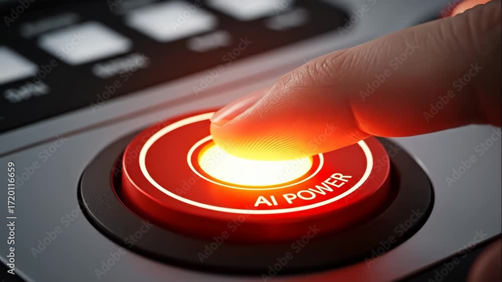 Poster finger pressing ai power button - close-up shot of a finger activating a glowing red ai power button