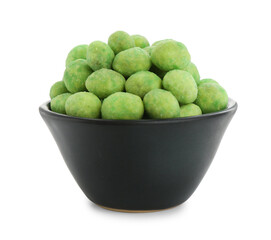 Delicious wasabi coated peanuts in bowl isolated on white