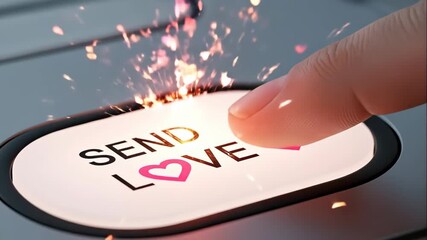 Sending Love: Finger Pressing Heart Button - A close-up shot of a finger pressing a "Send Love" button, with pink heart sparks emanating from the button upon activation.