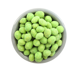 Delicious wasabi coated peanuts in bowl isolated on white, top view