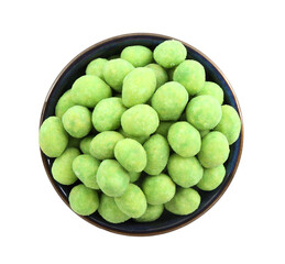 Delicious wasabi coated peanuts in bowl isolated on white, top view