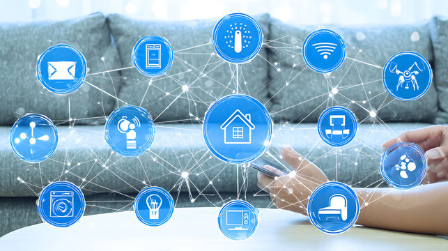 Smart home automation network with connected devices displayed over a living room setting