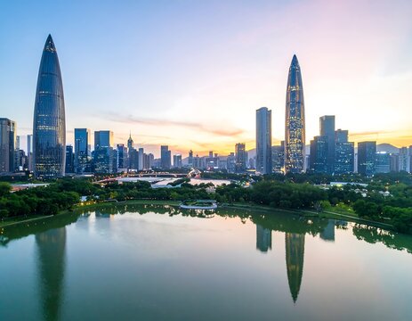 Panoramic cityscape at dawn. Lush parkland reflects on placid lake