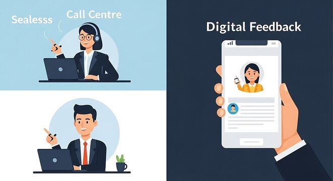 Two business professionals, likely customer service representatives, are depicted working in a call center, one showing a digital feedback form on a smartphone.