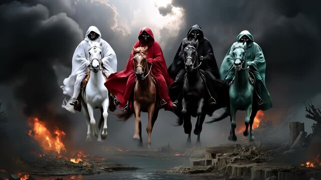 Video apocalyptic quartet: conquest specter, war phantom, famine herald, death rider, chaos omen, doom figure, ruin curse, divine wrath, cosmic fate, mythic tale, eternal sign, final prophecy,