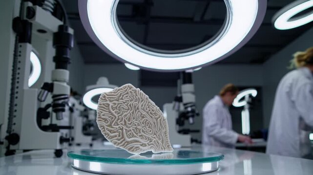 brain model on laboratory pedestal, scientists examining brain model in lab setting, researchers observe delicate brain sample using advanced imaging techniques