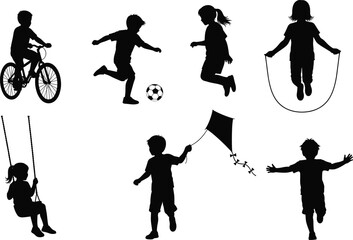 Obraz premium Children outdoor activity silhouette set, black and white vector icons, biking, jumping, swinging, skipping, kite flying, playful design