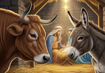 Nativity scene with ox and donkey in stable