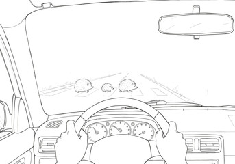 Fototapeta premium Driver's hands on steering wheel while driving on empty road 