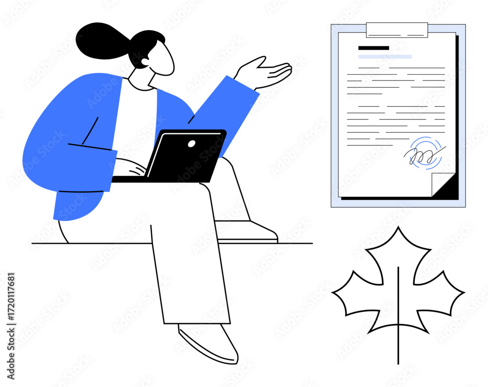 Poster woman using laptop, gesturing while discussing a signed document and maple leaf. ideal for contract 