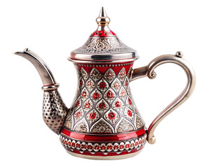 Decorative Red and Silver Dallah Coffee Pot with Gemstone Accents arabic coffee pot isolated on a transparent background