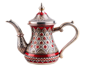 Decorative Red and Silver Dallah Coffee Pot with Gemstone Accents arabic coffee pot isolated on a transparent background